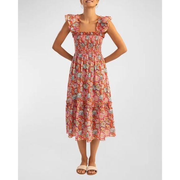 Shoshanna 100% Cotton Smocked Day Midi Dress Sunburst Multi Cottage Floral Med - Picture 1 of 5